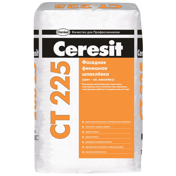 Шпатлевка цементная фасадная Ceresit CT 225 (серая), 25 кг