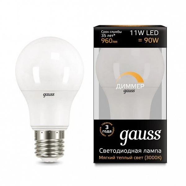 Лампа Gauss LED A60-dim E27 11W 3000К диммируемая