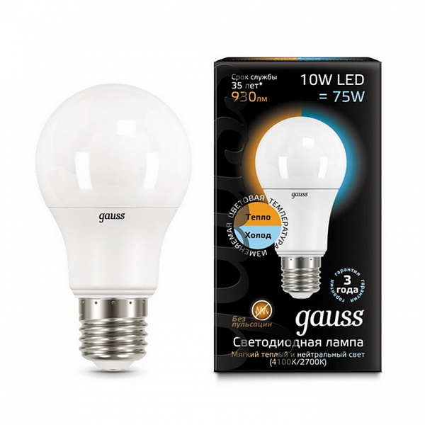 Лампа Gauss LED A60 10W E27 2700K/4100K CTC