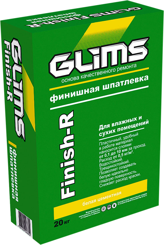 Шпатлевка цементная финишная Glims Finish-R (белая), 20 кг