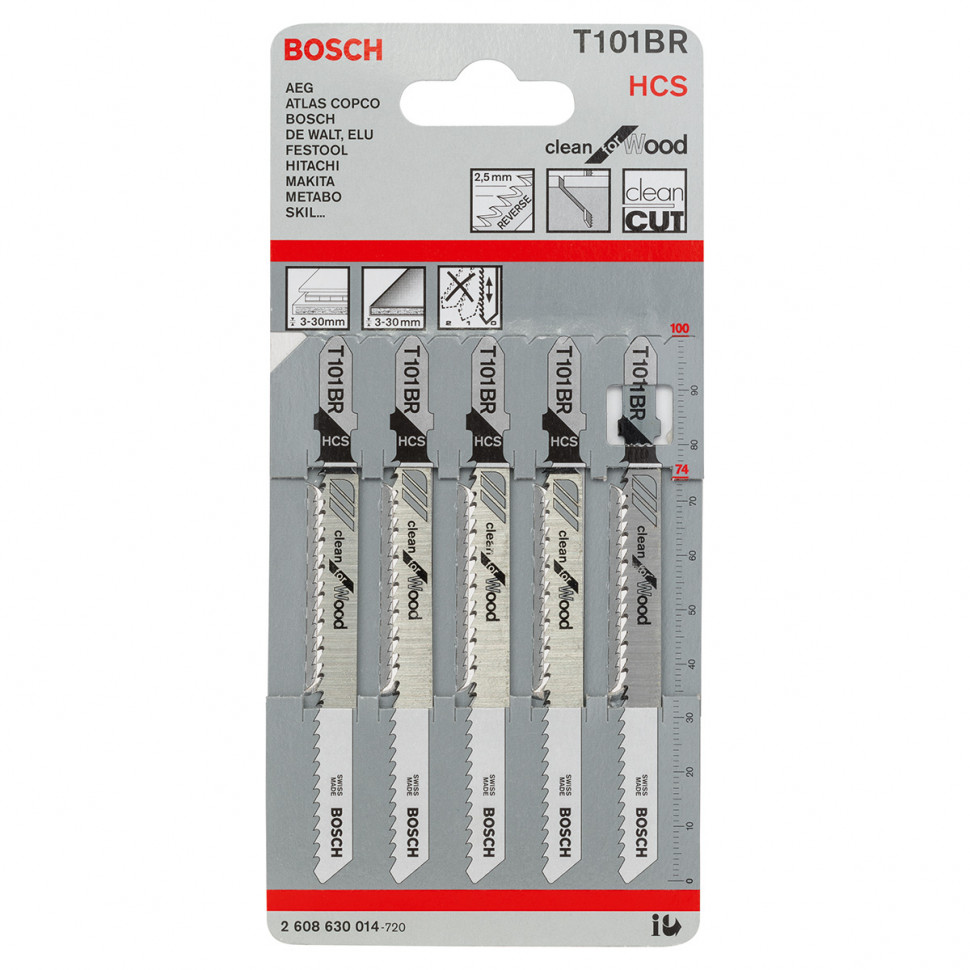 Пилки для лобзика по дереву Bosch, 5 шт, длина 91мм